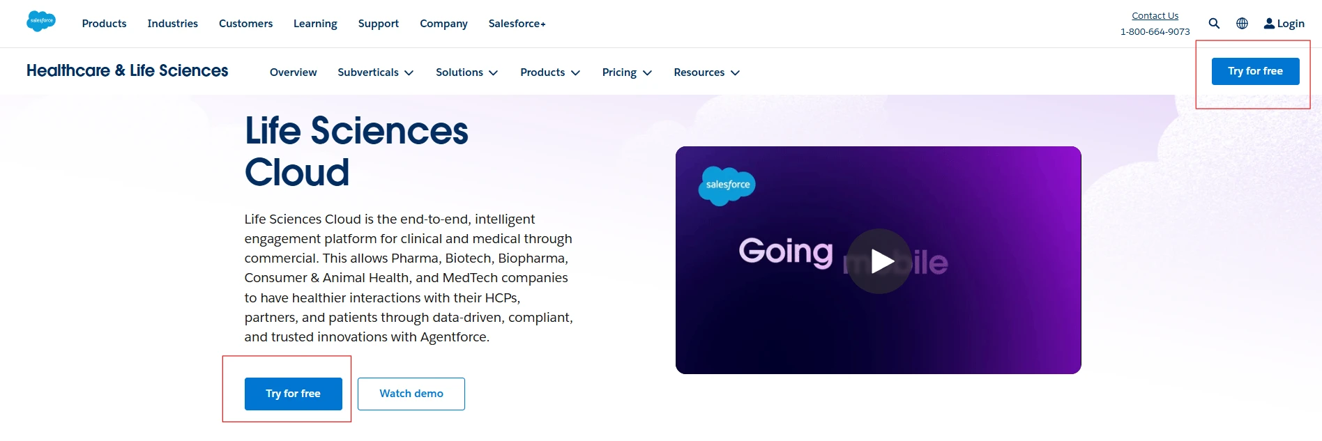 Life Sciences cloud page having Try For Free button