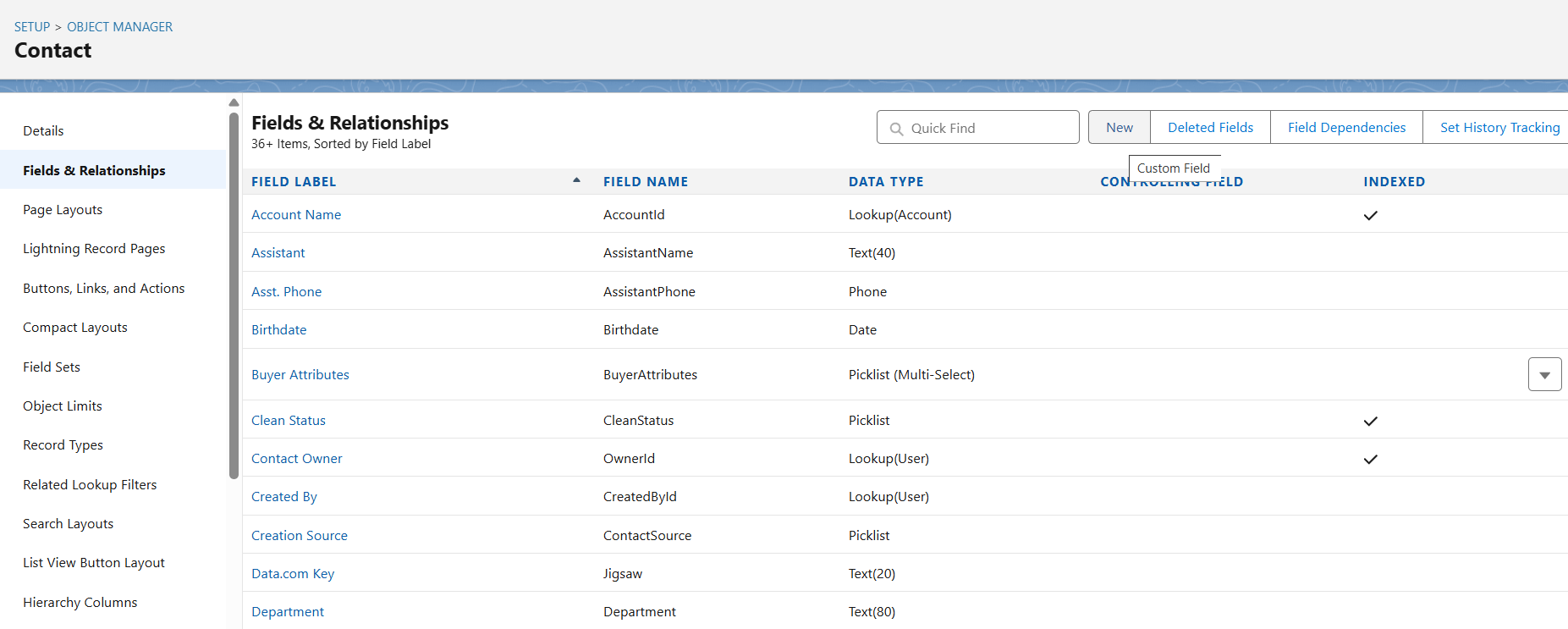 Go to object manager contact field and relationships