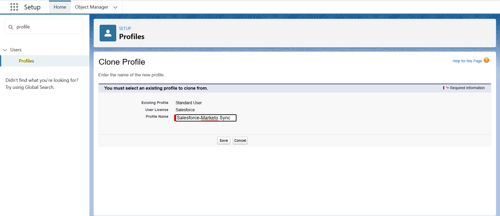 Go to setup profiles clone standard user Salesforce Marketo sync