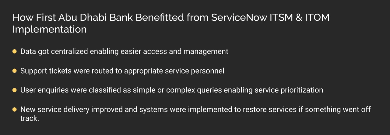 how first abu dhabi bank benefitted from servicenow itsm itom implementation dark