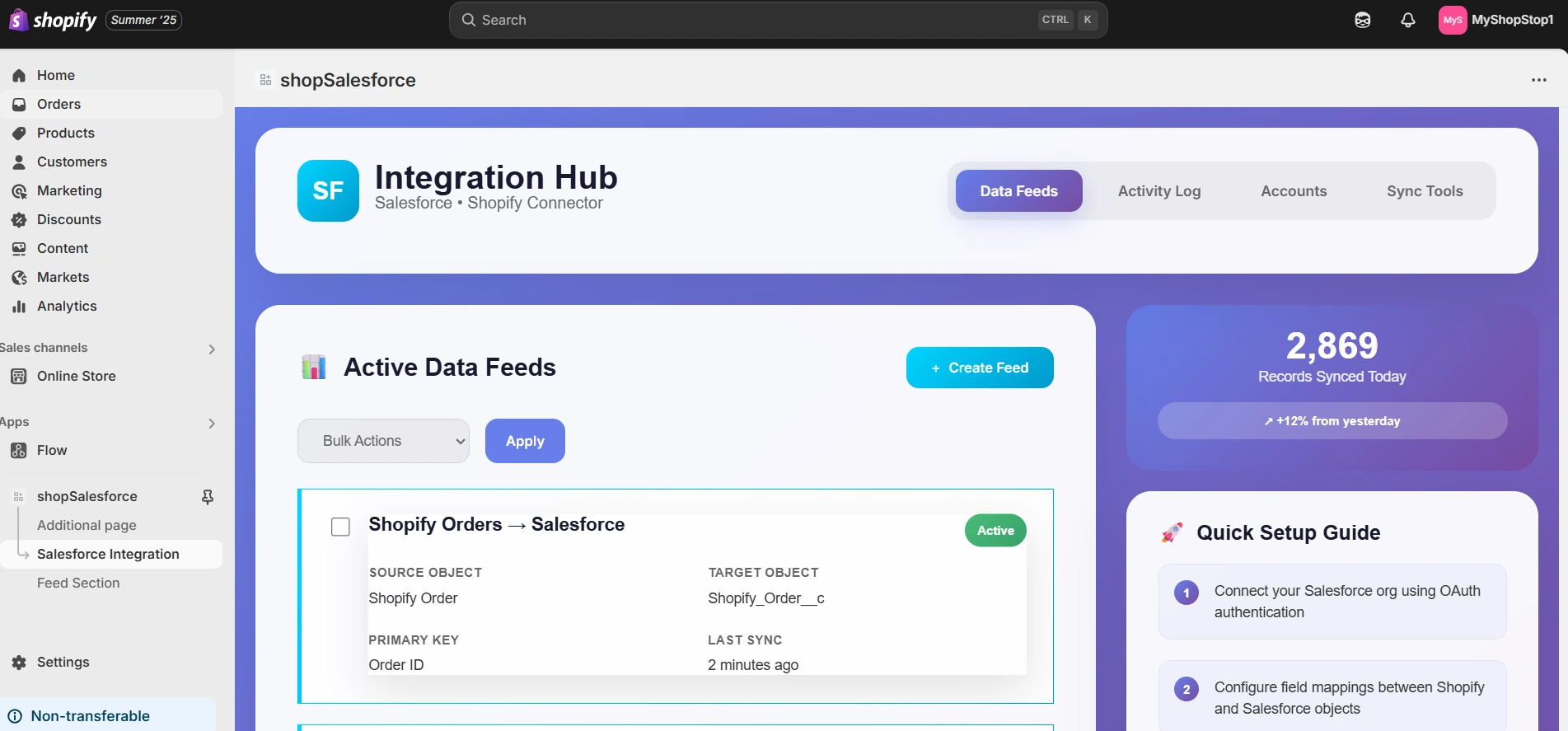 An Image containing the shopify dashboard for salesforce integration