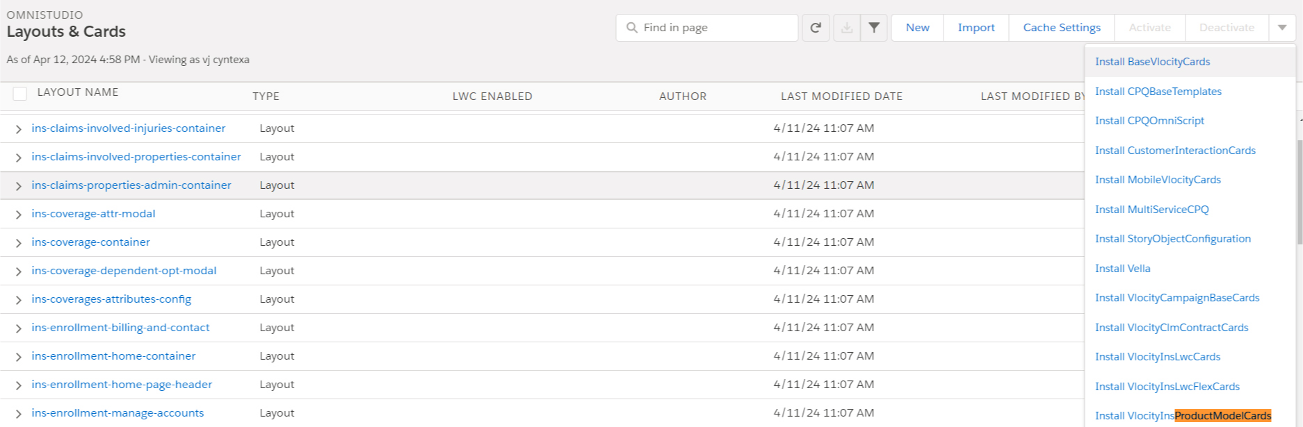 Install VlocityInsProductModelCards