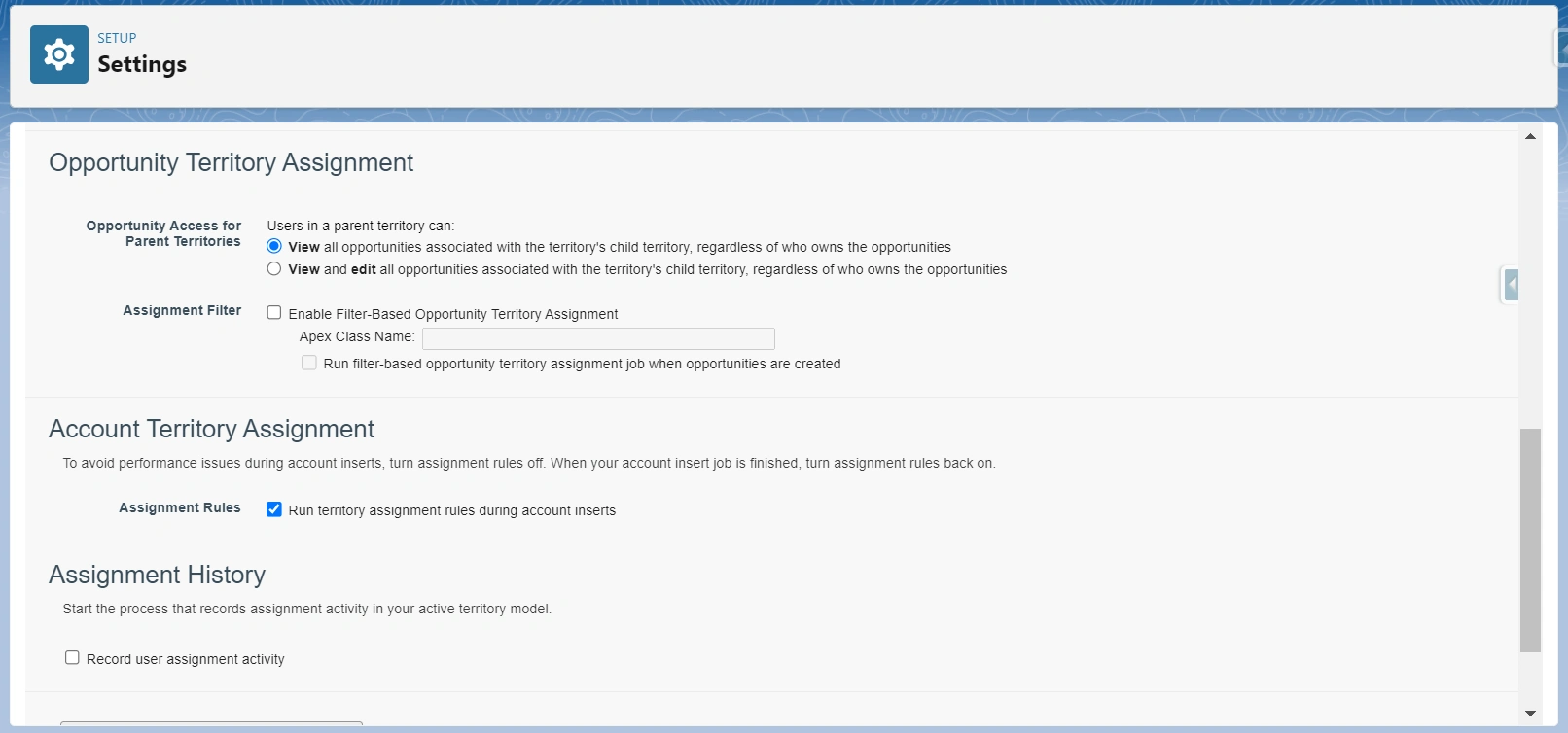 Opportunity Territory Assignment Settings