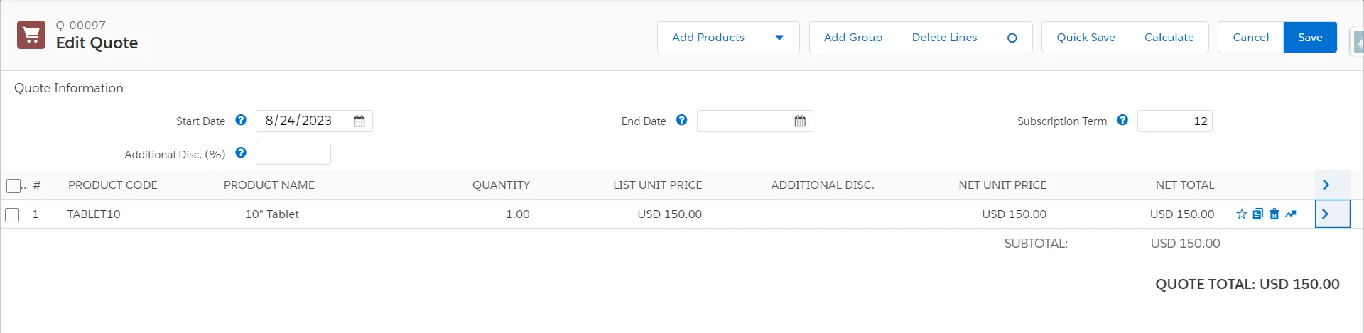 Quote Line configuration