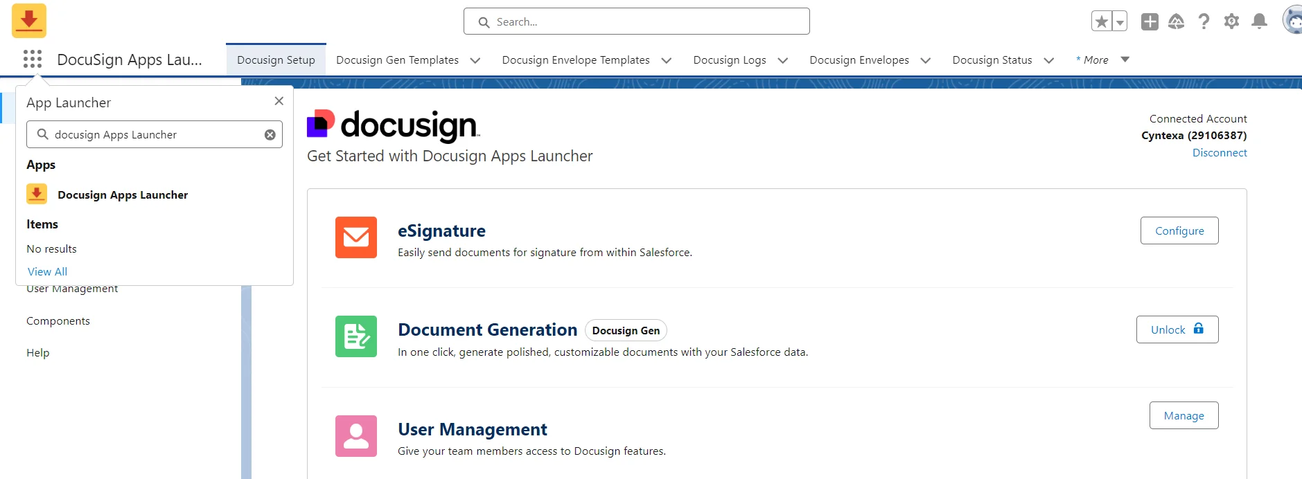 search DocuSign app launcher