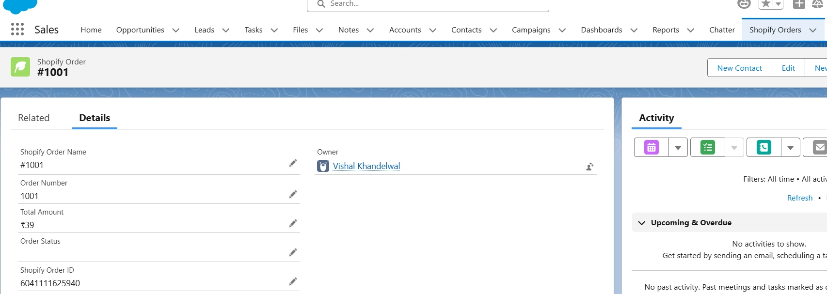 Demo Shopify order 1001 for the representation of data flow
